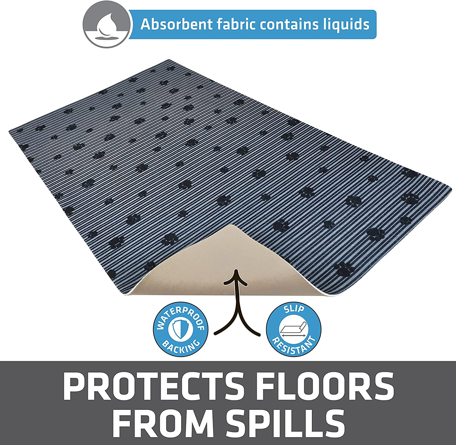 Dry Mate Dog Bowl Place Mat Paw Stripe   Grey Black 12x20 Inches (PACK OF 3)