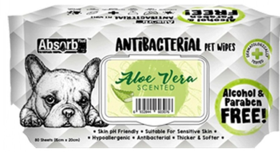 Absolute Pet Absorb Plus Antibacterial Pet Wipes Aloe Vera 80 sheets -(1Box 12pcs)